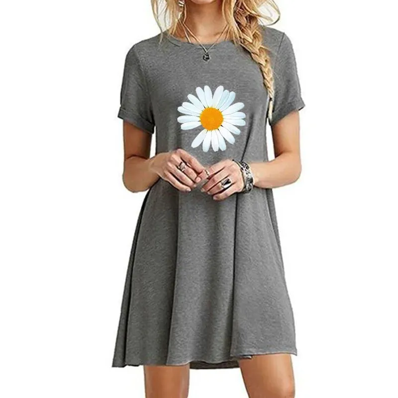 Trending Womens Round Neck Above Knee Length Dress Casual Sexy Printed Mini Dresses Summer Short Sleeve Cool Long T-shirt