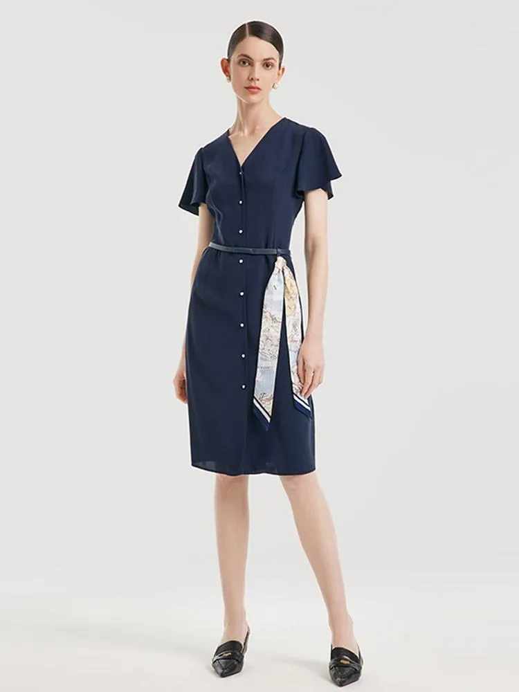 Triacetate Dress With Belt And Silk Scarf