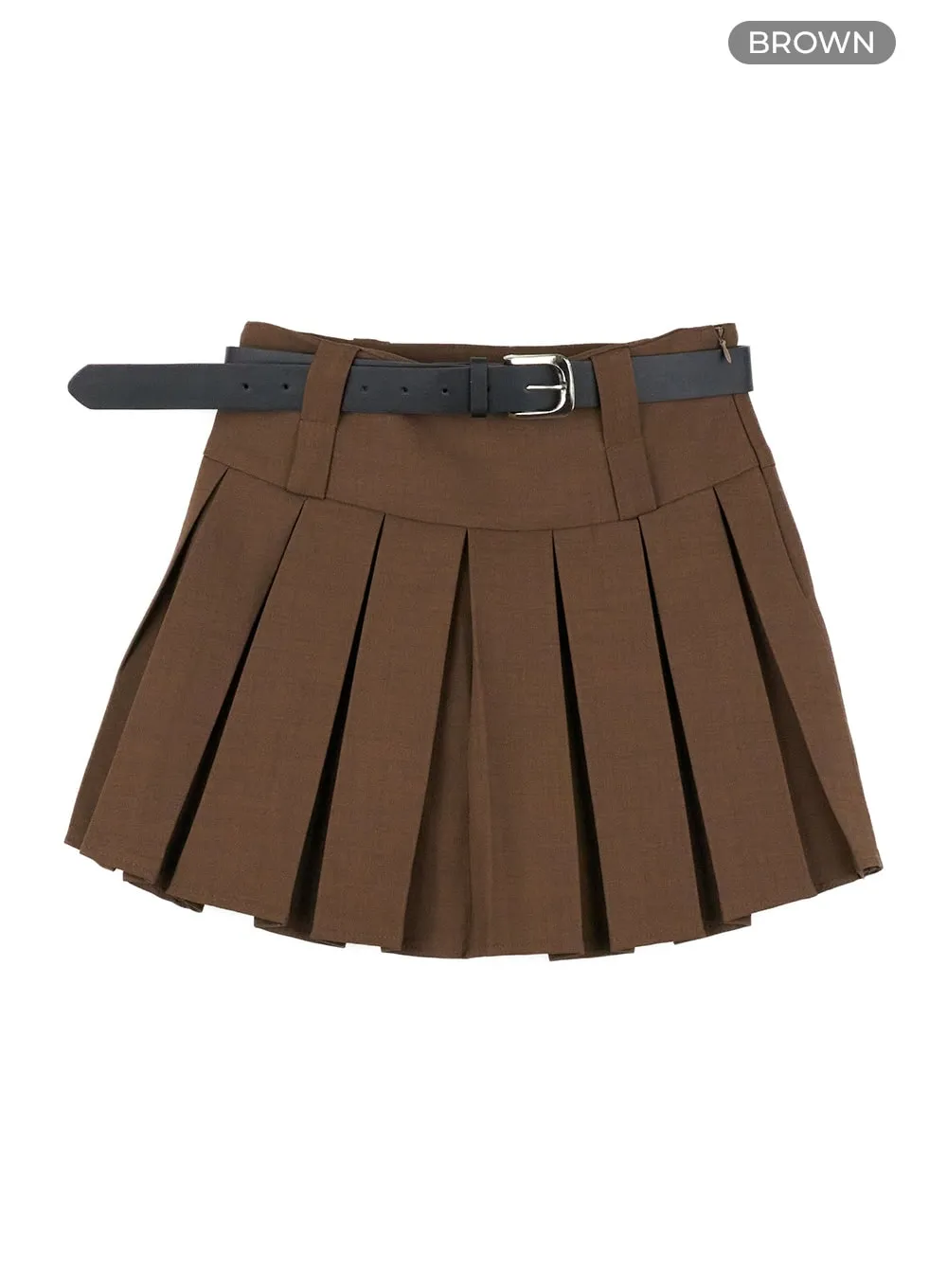 Two-Waist Belted Pleated Mini Skirt OU407