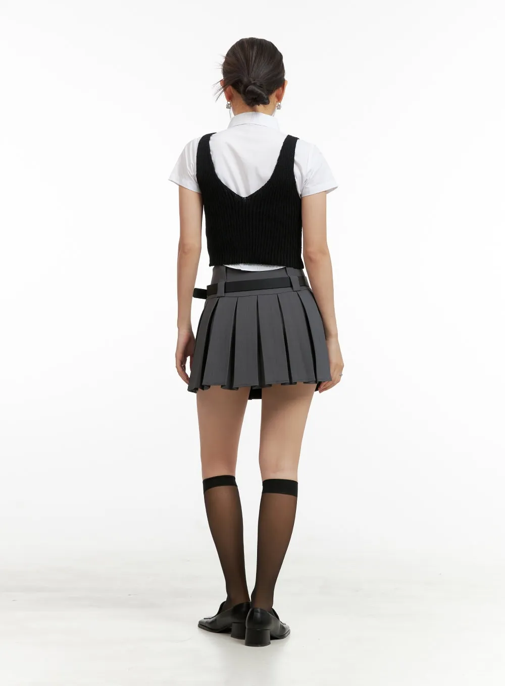 Two-Waist Belted Pleated Mini Skirt OU407