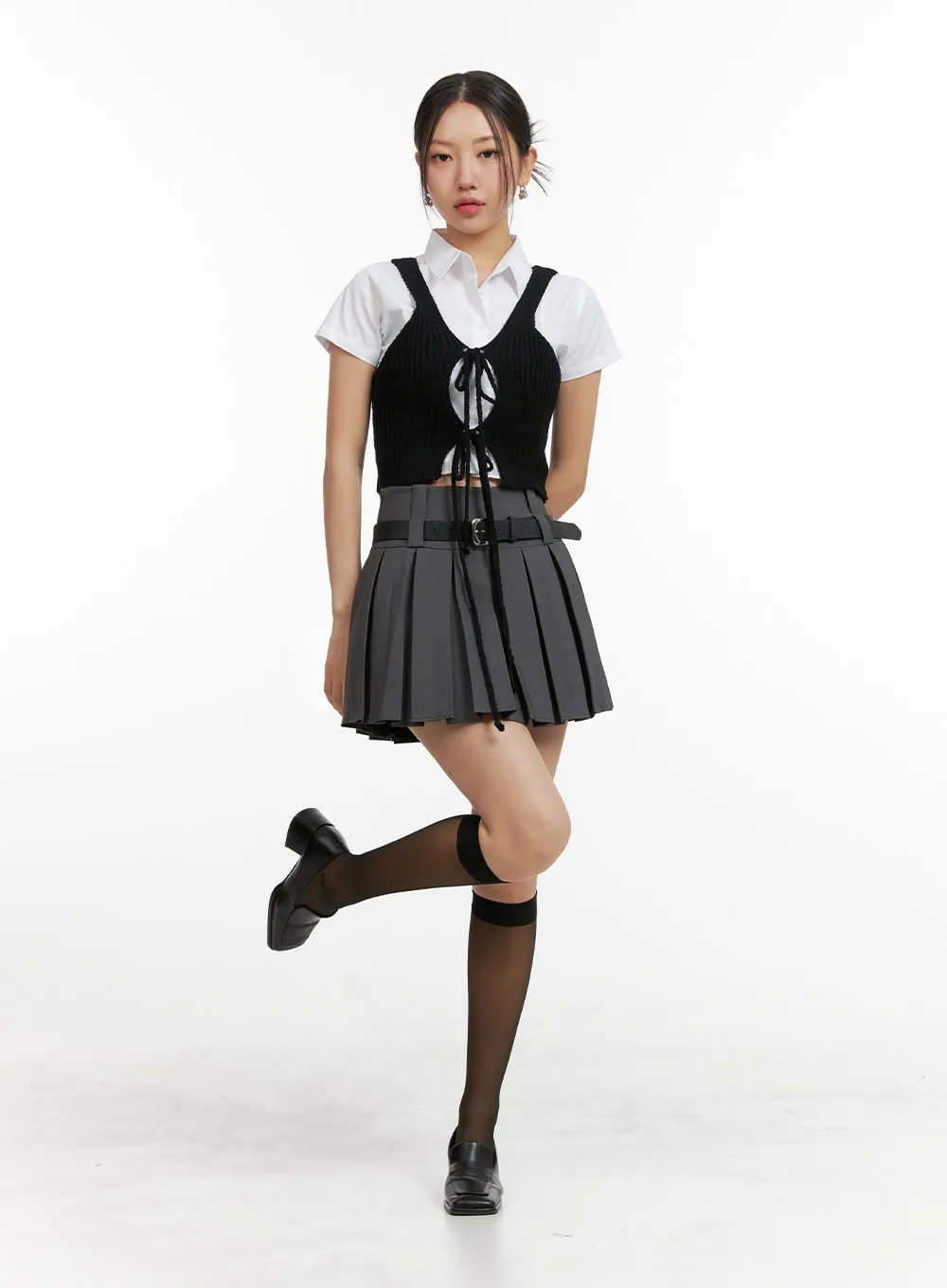 Two-Waist Belted Pleated Mini Skirt OU407