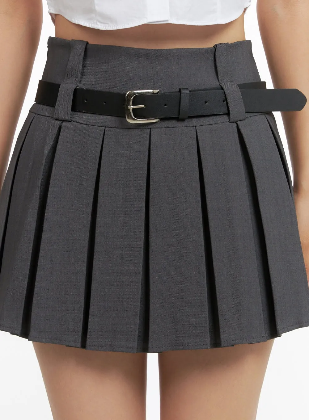 Two-Waist Belted Pleated Mini Skirt OU407