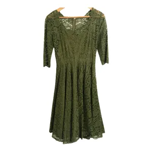 Unbranded Vintage Style 3/4 Sleeve Lace Guipure Midi Dress w/Satin Slip Olive Green S UK Size 8-10