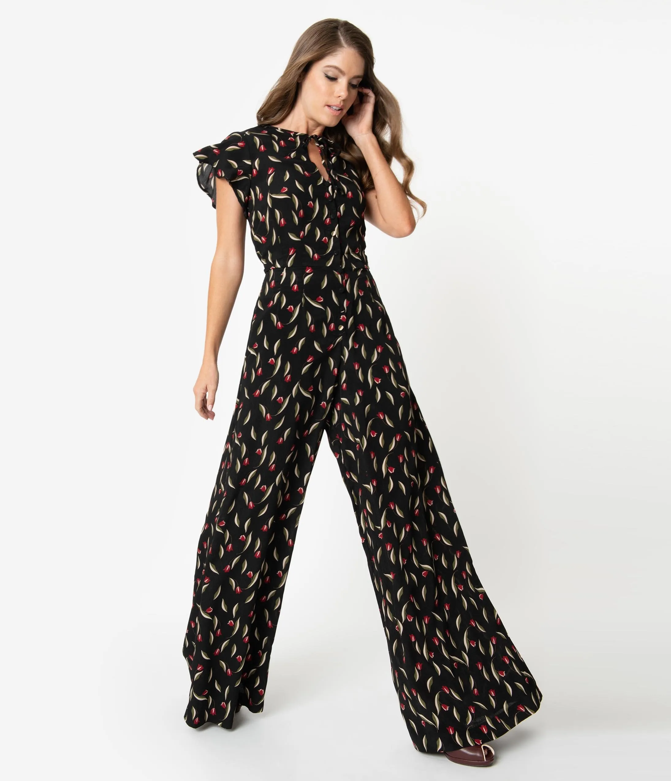 Unique Vintage 1960s Black & Red Floral Orleans Jumpsuit