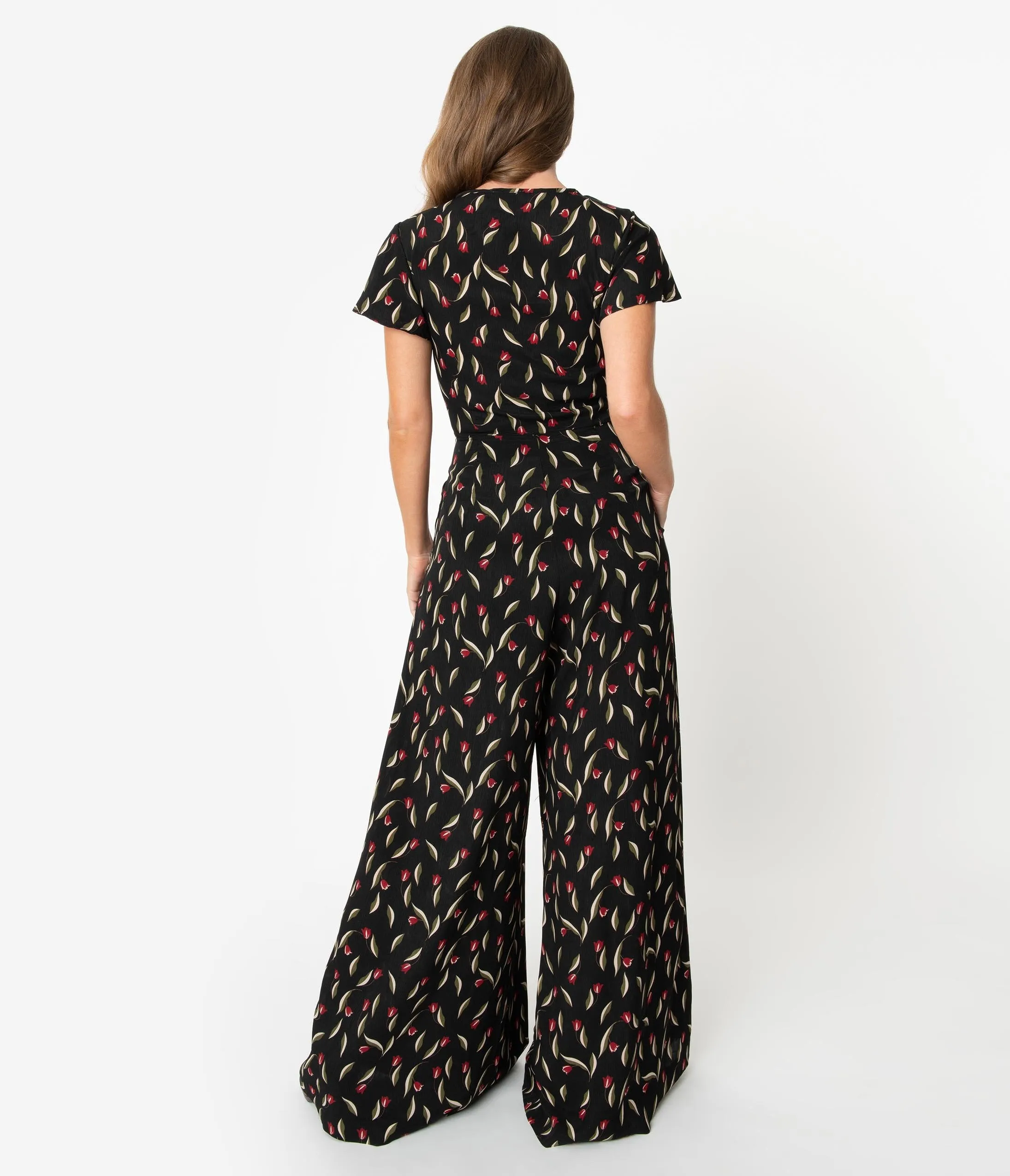 Unique Vintage 1960s Black & Red Floral Orleans Jumpsuit