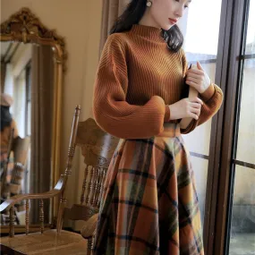 Uniwim skater boy outfits Half Turtleneck Brown Lantern Long Sleeve Sweater   Plaid Woolen Skirt Suit Retro Two-Piece Set