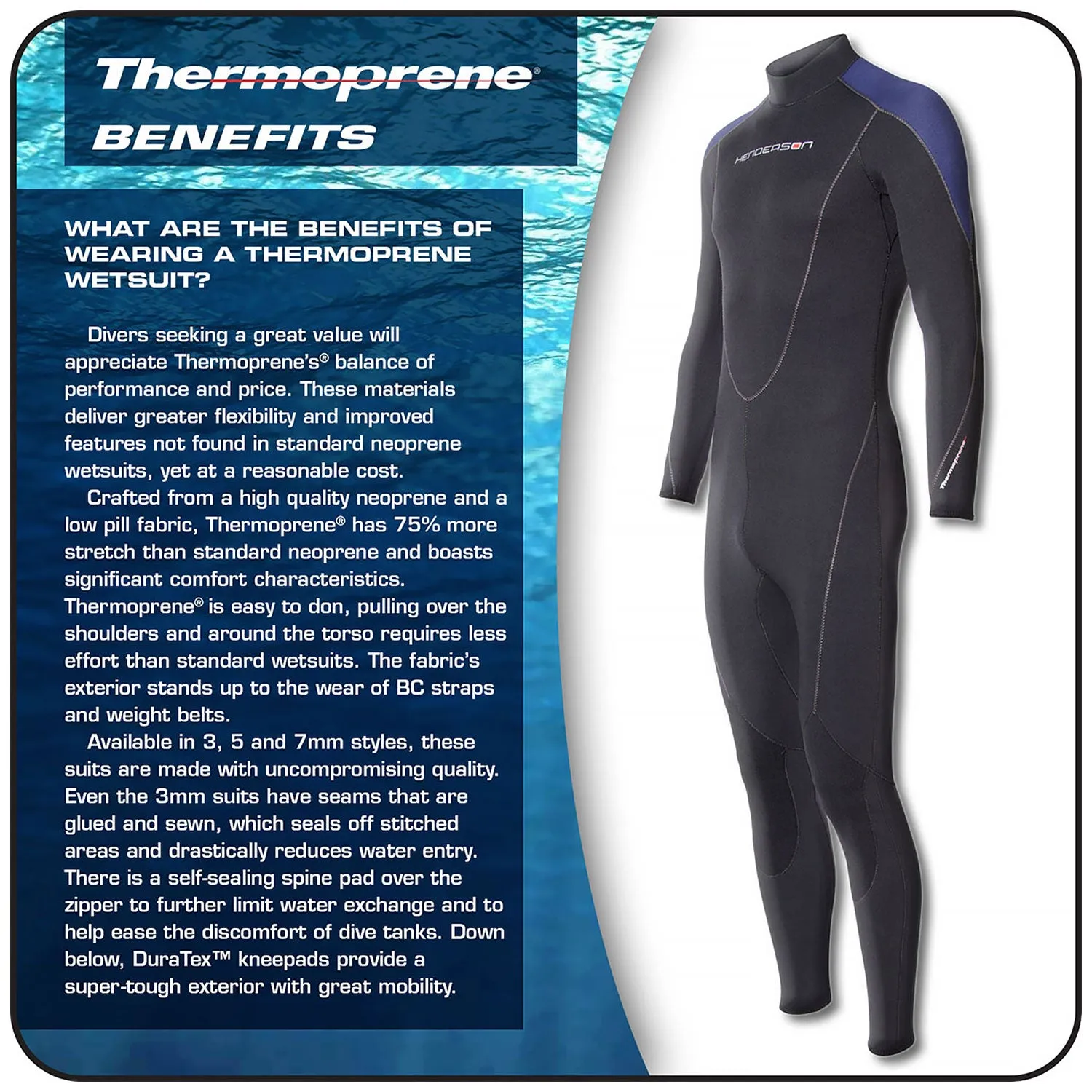 Used Henderson Man Thermoprene Jumpsuit (Back Zip) 5mm Scuba Wetsuit - Black / Blue - Small