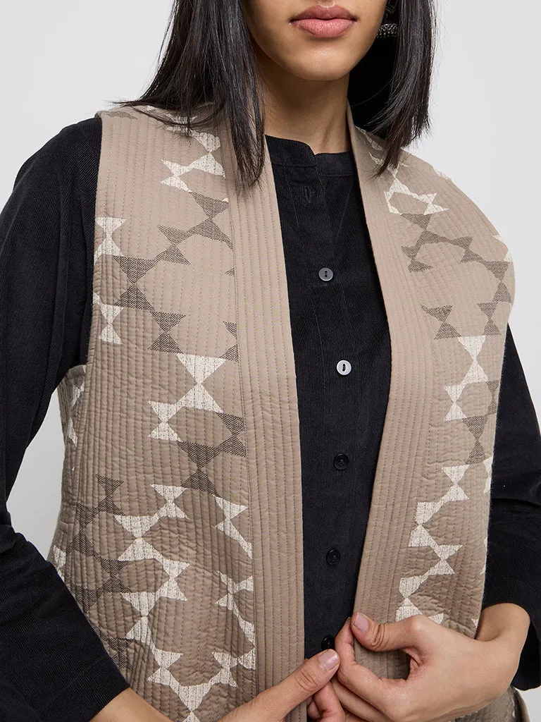 Utsa Taupe Geometric Design Quilted Cotton Jacket