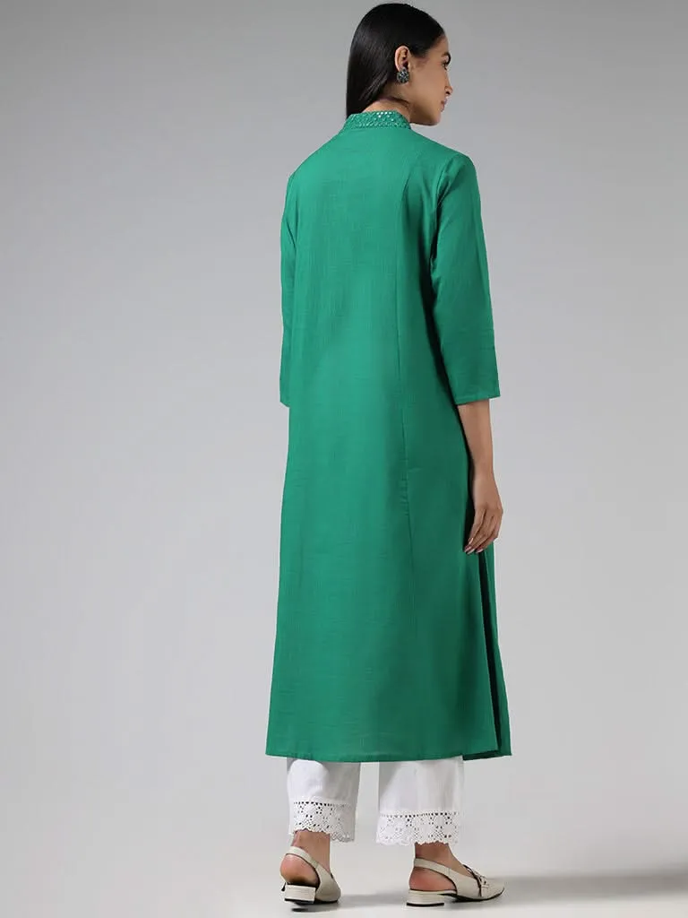 Utsa Teal Green Mirror Embroidered Cotton Gathered Kurta