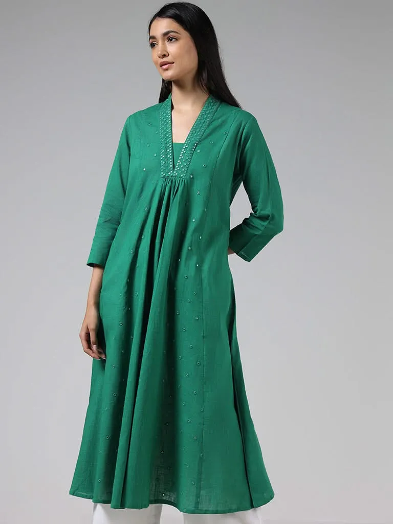 Utsa Teal Green Mirror Embroidered Cotton Gathered Kurta