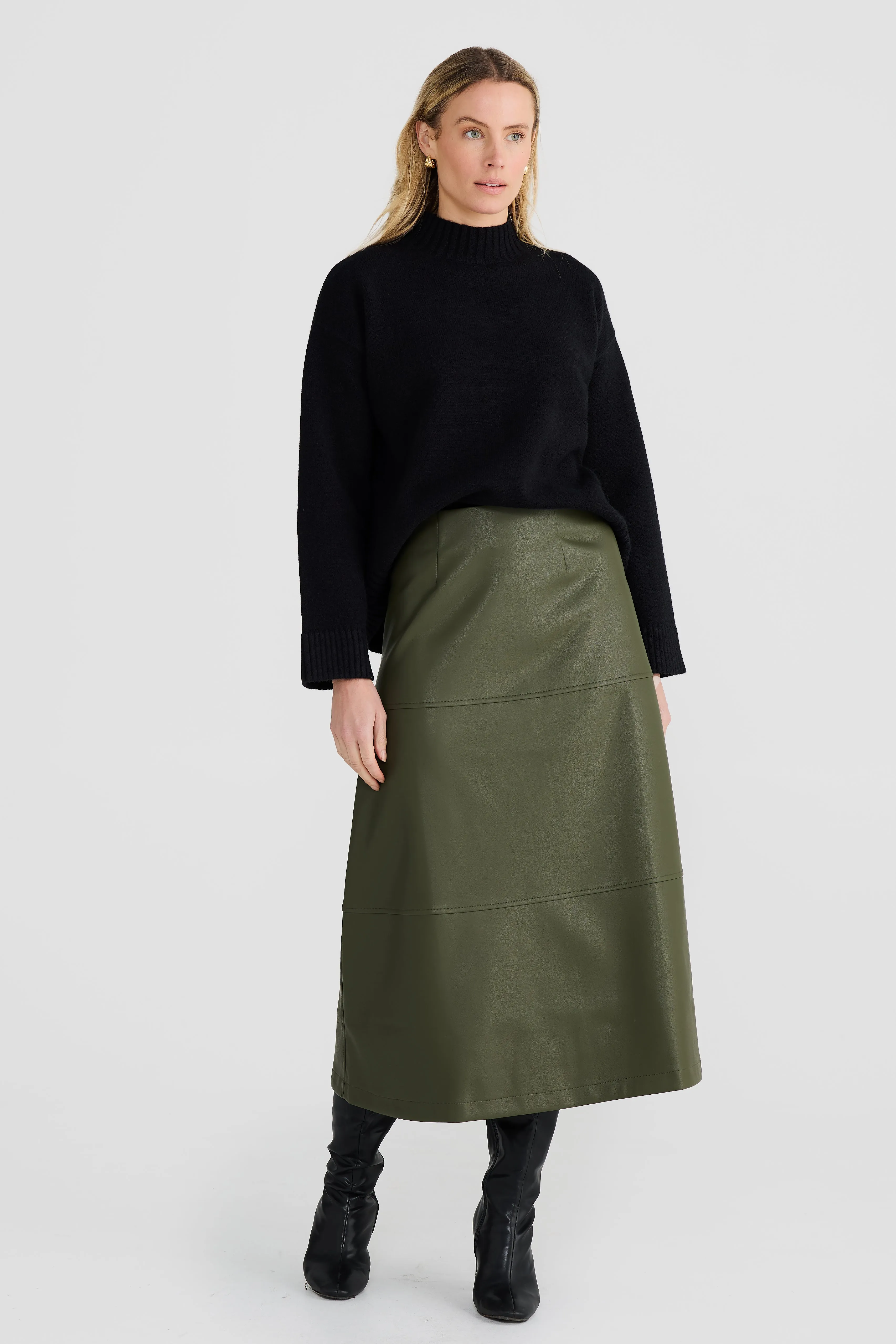 Vegan Leather A-Line Skirt - Olive