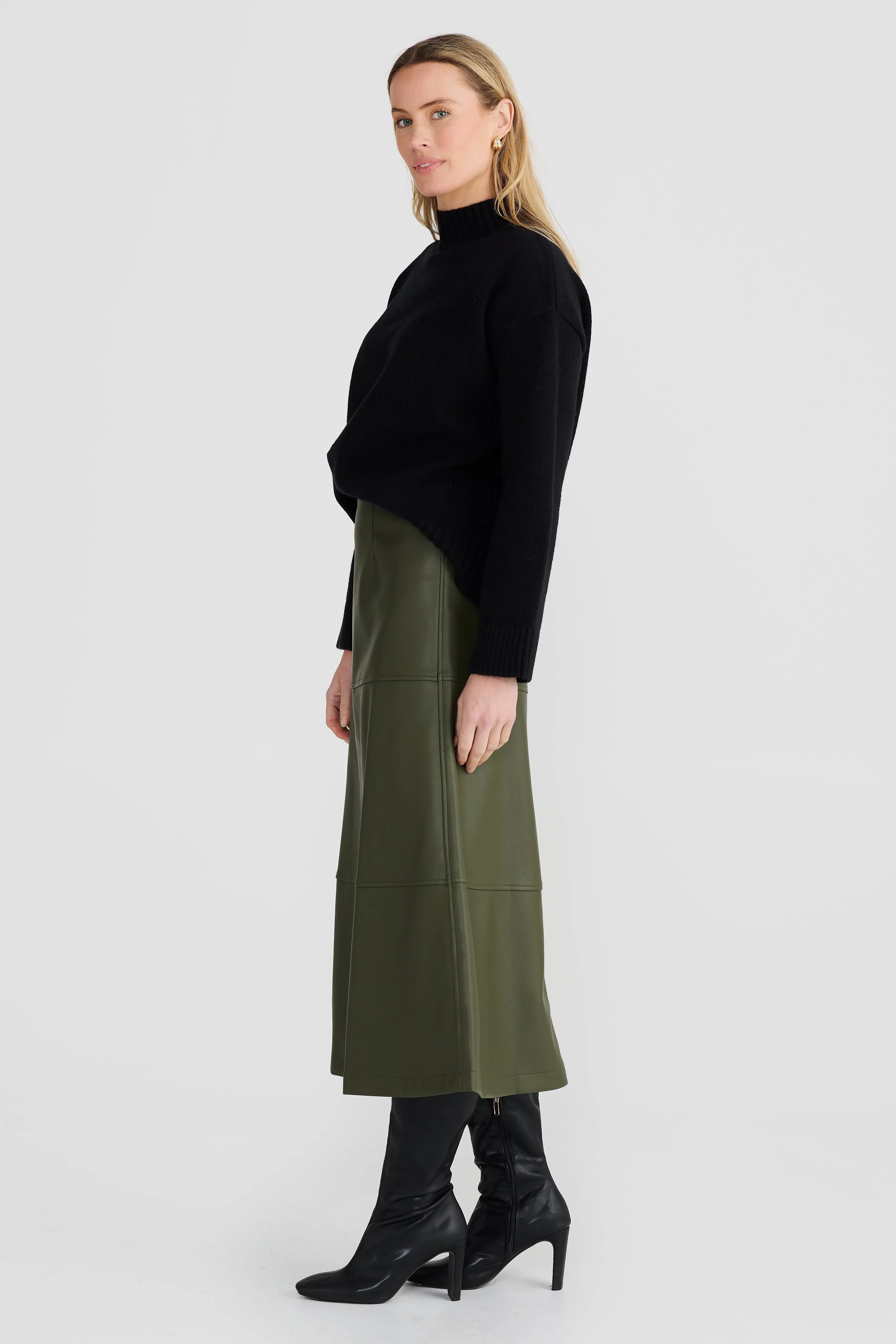 Vegan Leather A-Line Skirt - Olive