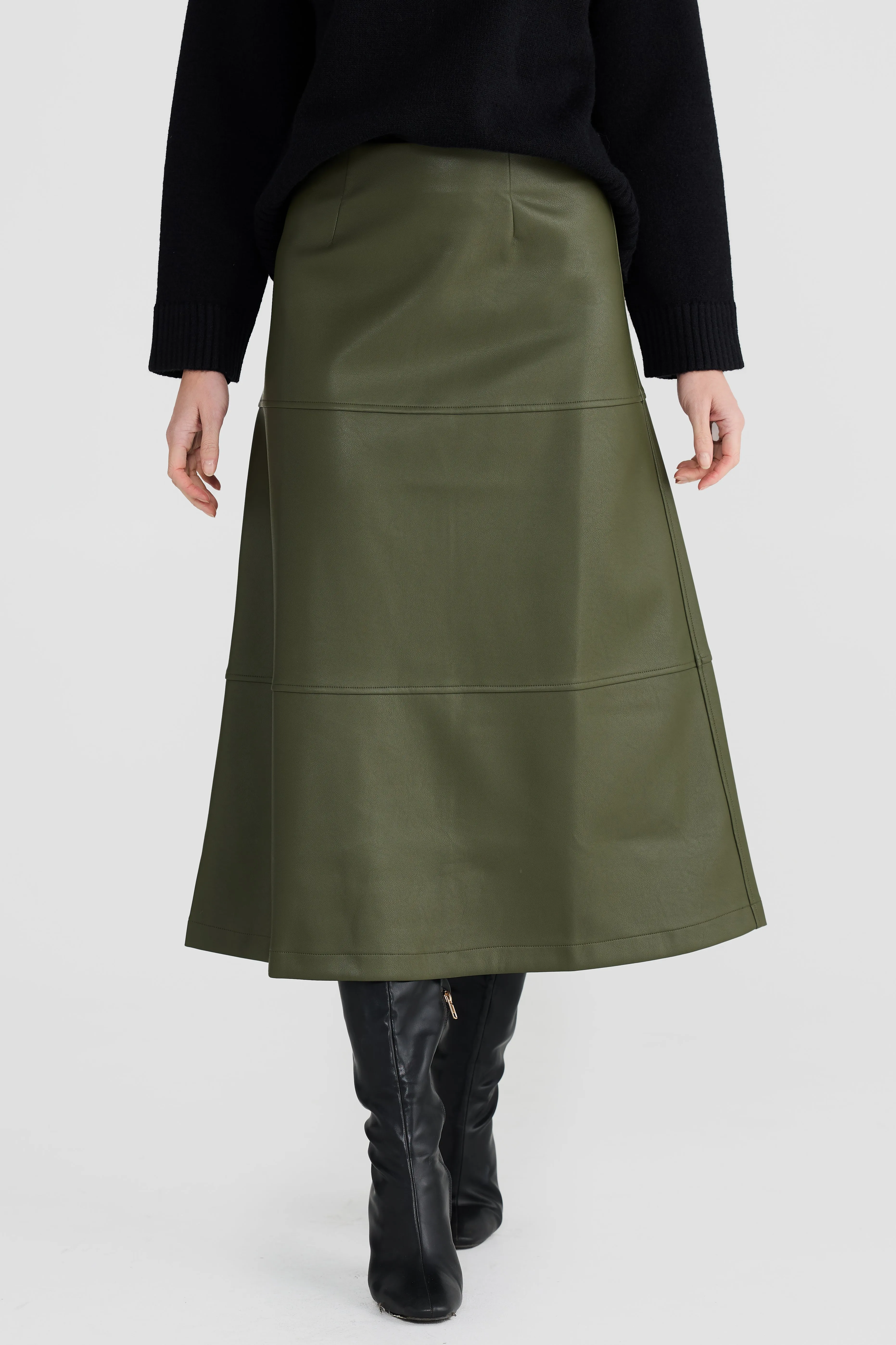 Vegan Leather A-Line Skirt - Olive