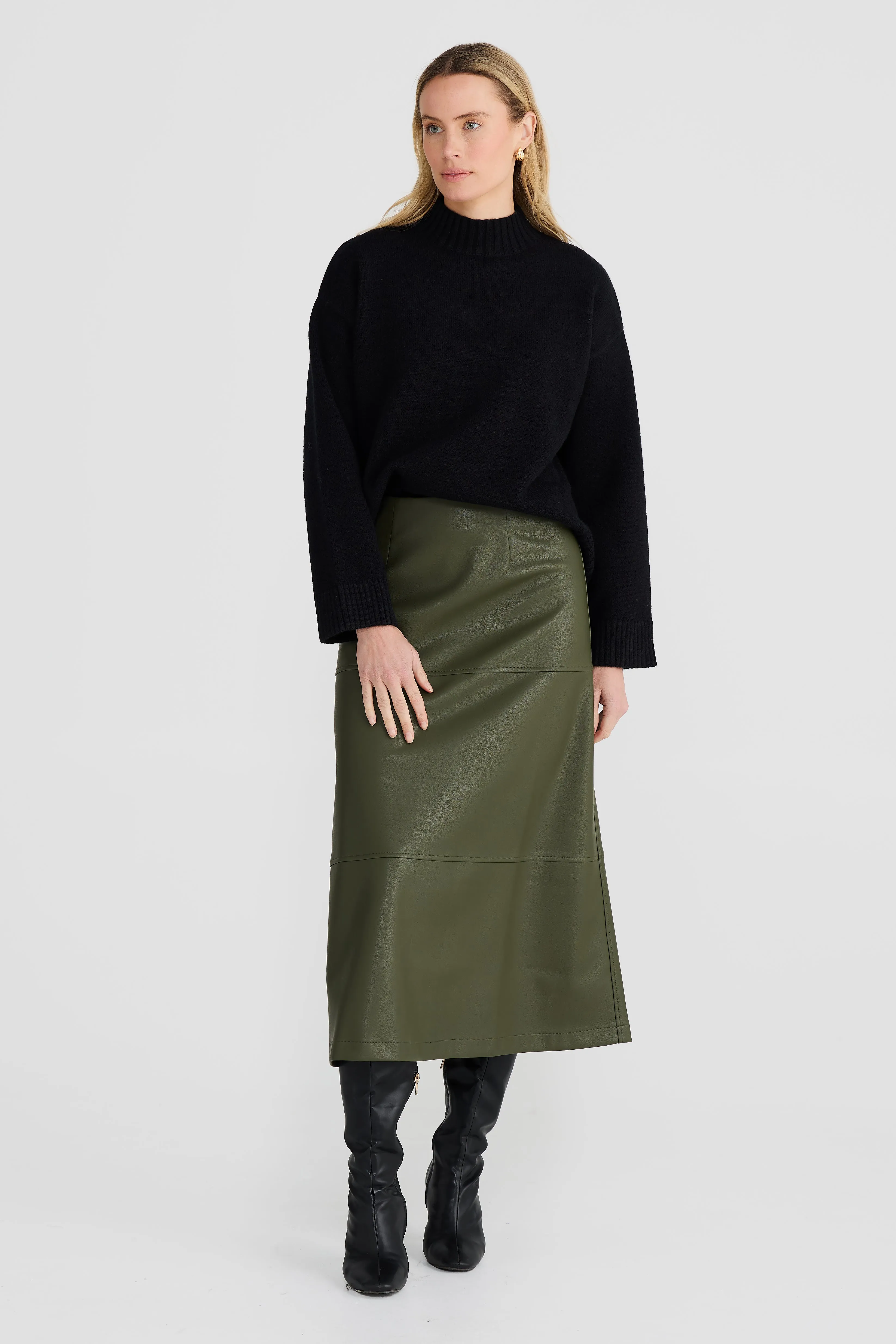 Vegan Leather A-Line Skirt - Olive