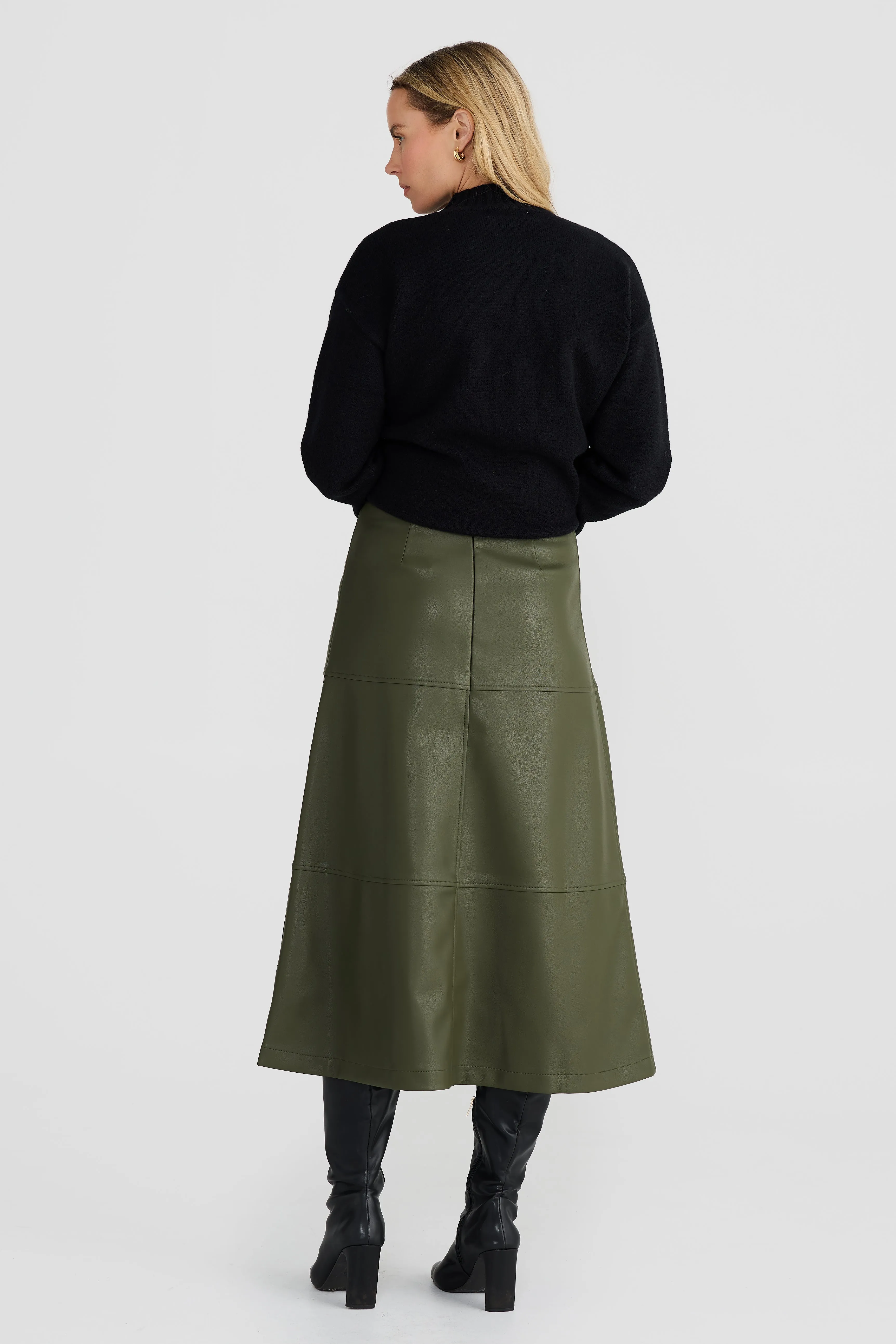 Vegan Leather A-Line Skirt - Olive