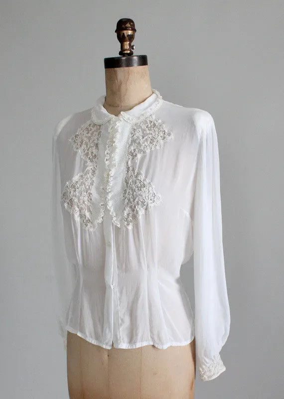 Vintage 1930s White Rayon and Lace Blouse