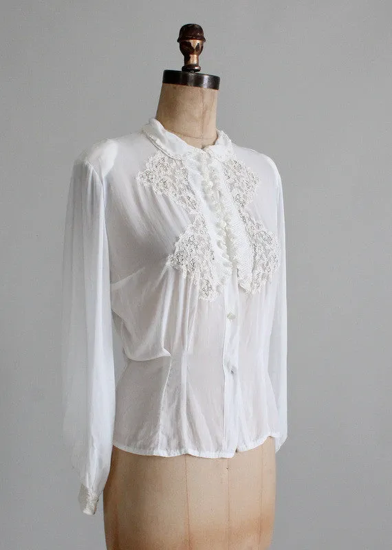 Vintage 1930s White Rayon and Lace Blouse