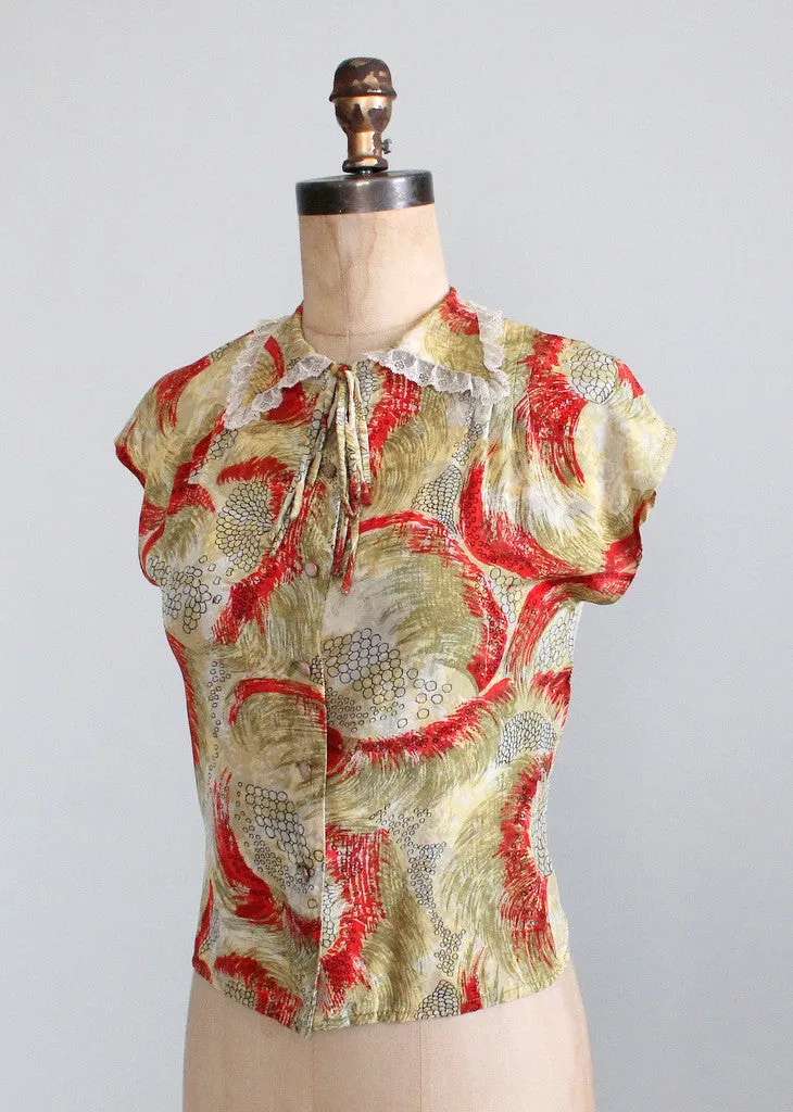 Vintage 1940s Abstract Print Rayon Blouse