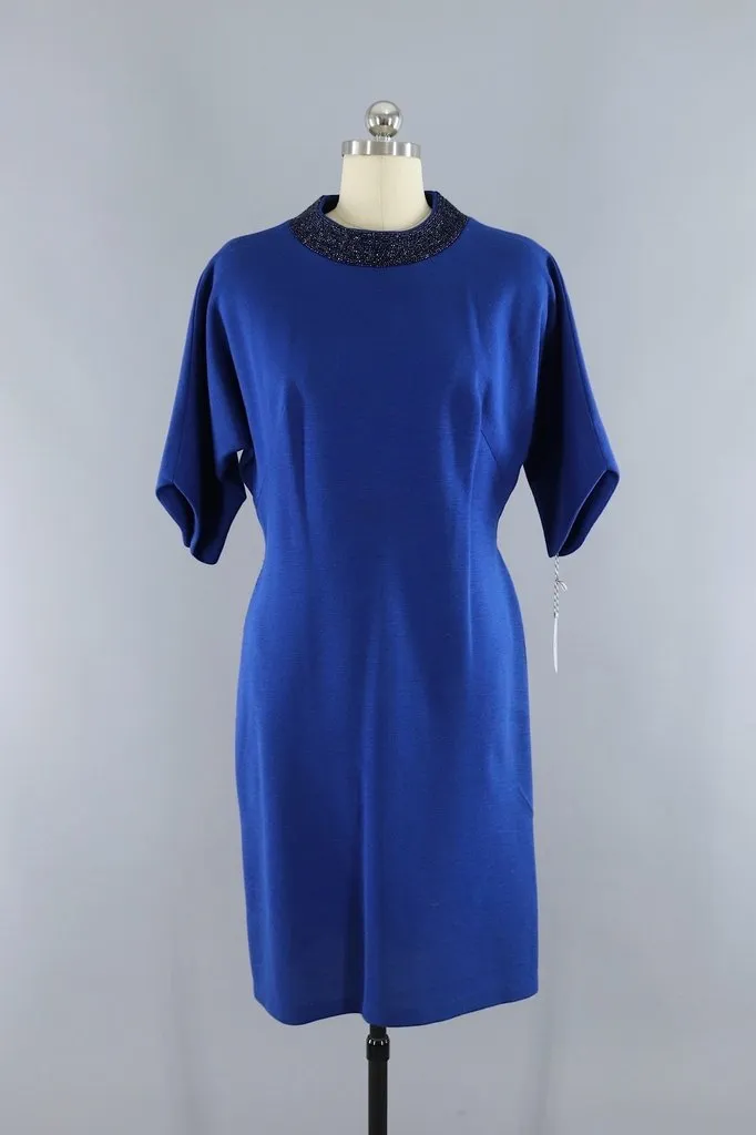 Vintage Blue Knit Dress with Beaded Collar