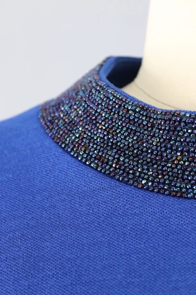 Vintage Blue Knit Dress with Beaded Collar