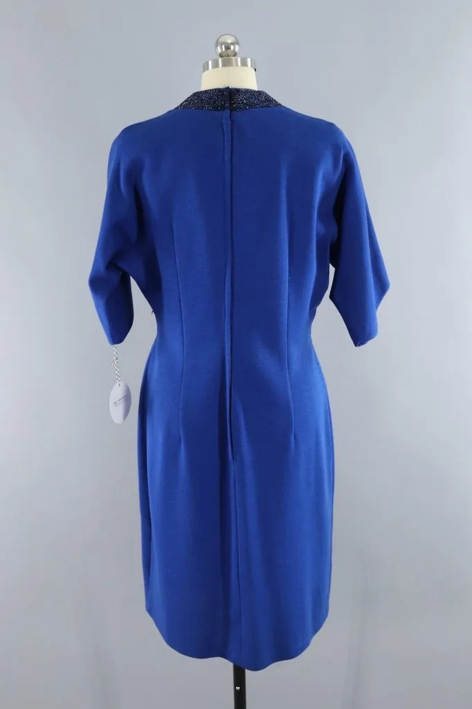 Vintage Blue Knit Dress with Beaded Collar