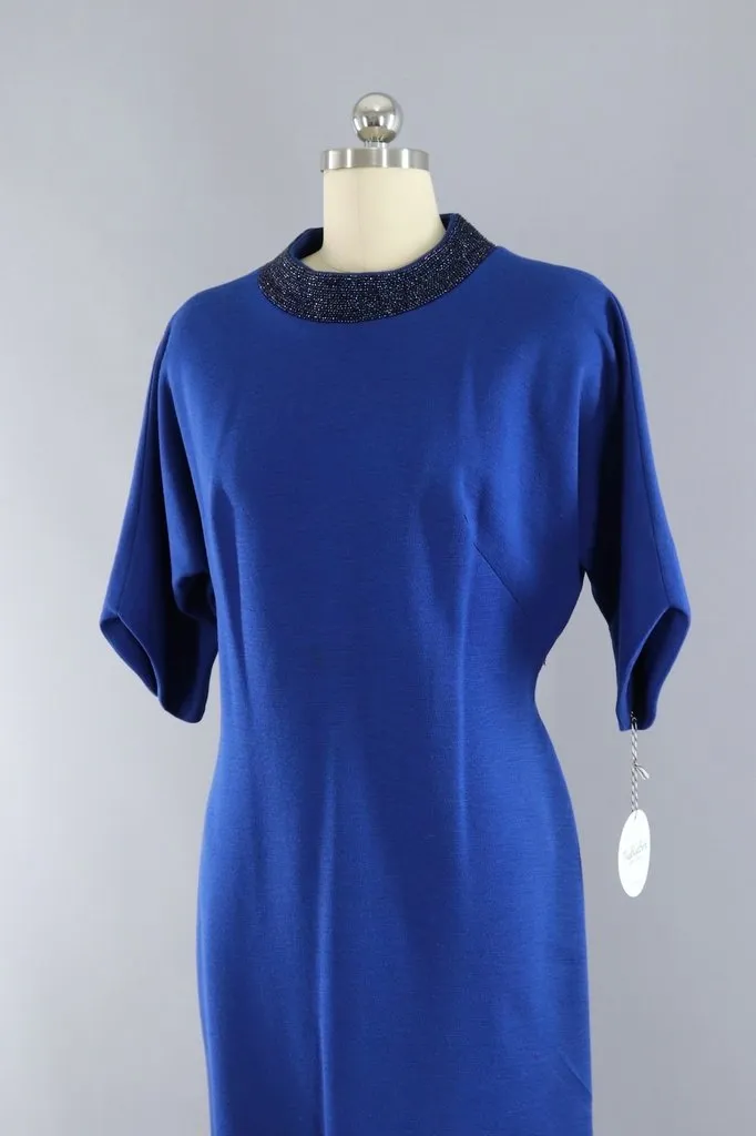 Vintage Blue Knit Dress with Beaded Collar