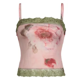 Vintage Pink Flowers Printed Y2K Top Camisole Summer Fitness Fashion Chic Lace Spliced Sexy Crop Tops Women Contrast