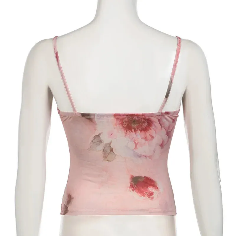 Vintage Pink Flowers Printed Y2K Top Camisole Summer Fitness Fashion Chic Lace Spliced Sexy Crop Tops Women Contrast