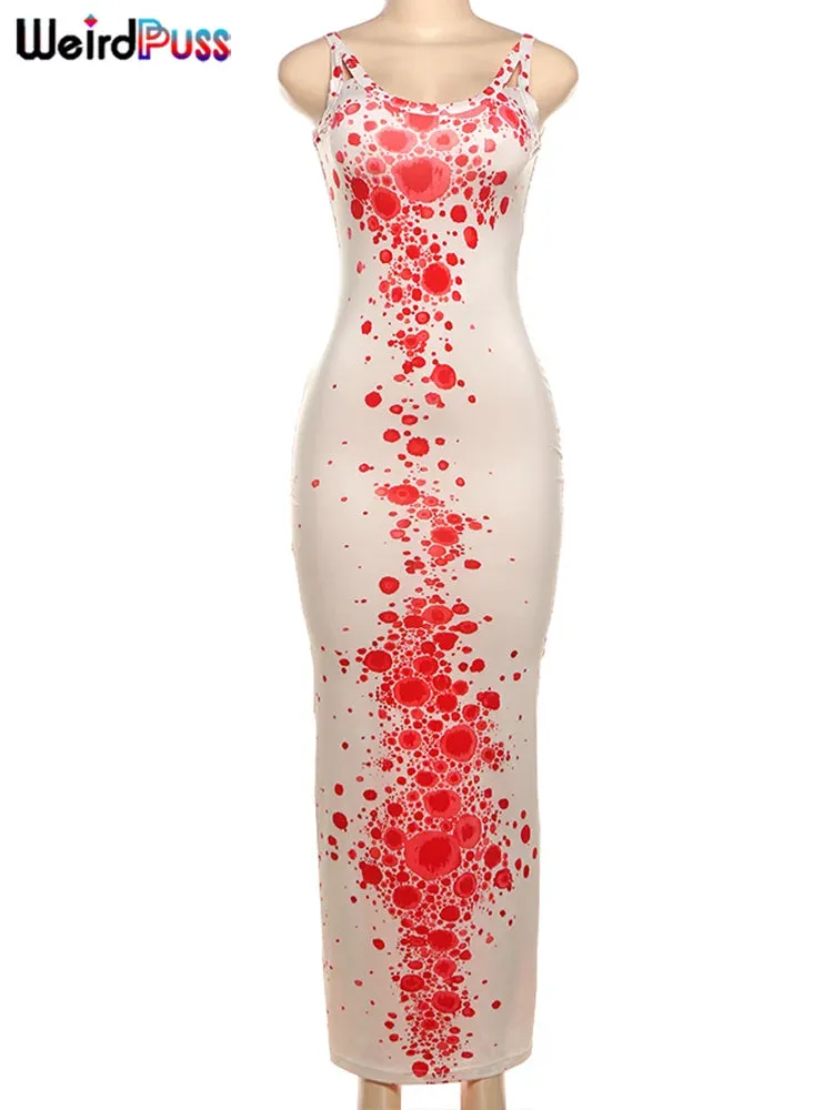 Weird Puss Hollow Dot-Print Dress Woman Summer Sexy Backless Sleeveless Chic Fashion Bodyshape Contrast-Color Skinny Vestidos