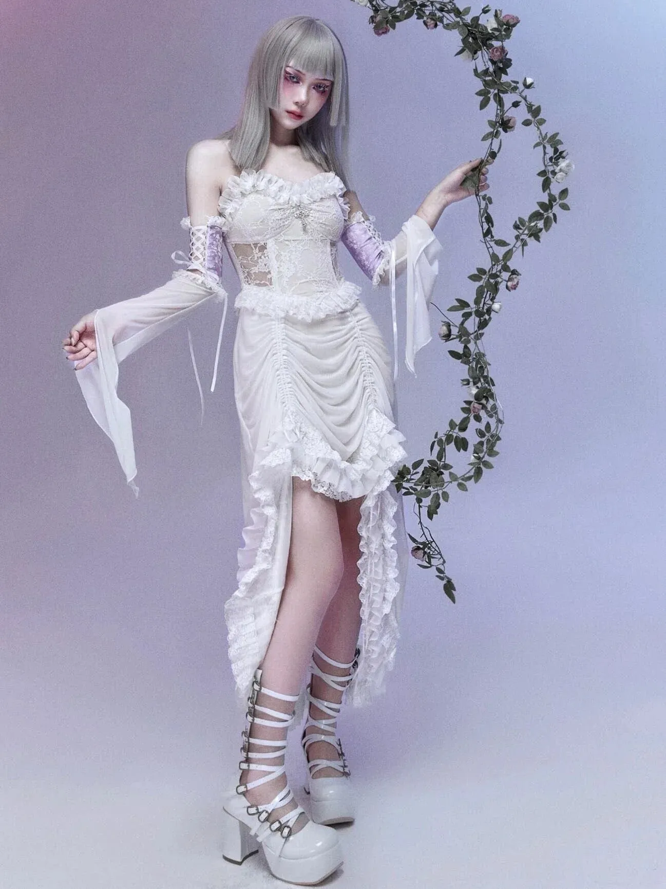 White Flying Gothic Asymmetric Lace Rope Summer Sleeve Light Evening Strap Party Stiletto Lolita Outfit