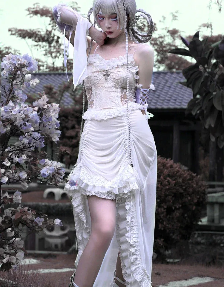 White Flying Gothic Asymmetric Lace Rope Summer Sleeve Light Evening Strap Party Stiletto Lolita Outfit