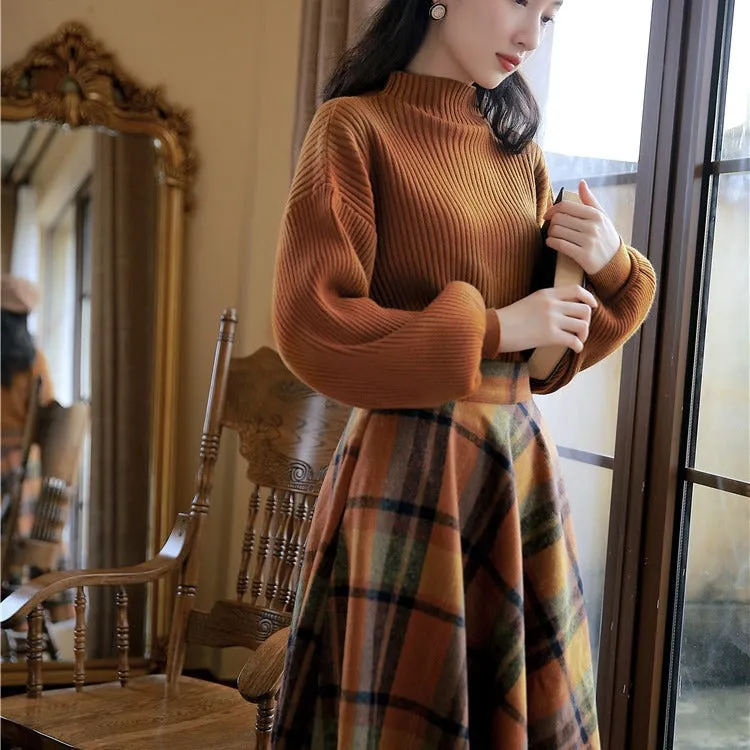 Wjczt skater boy outfits Half Turtleneck Brown Lantern Long Sleeve Sweater   Plaid Woolen Skirt Suit Retro Two-Piece Set