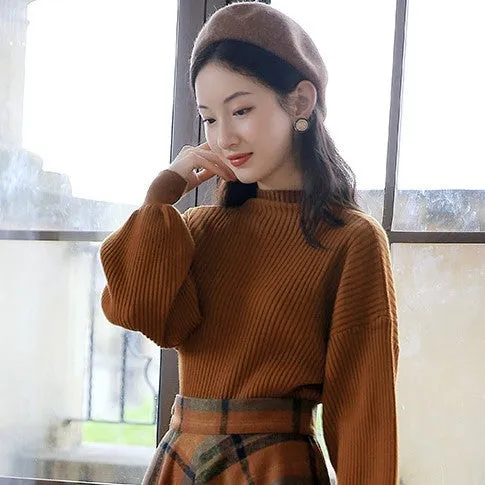 Wjczt skater boy outfits Half Turtleneck Brown Lantern Long Sleeve Sweater   Plaid Woolen Skirt Suit Retro Two-Piece Set