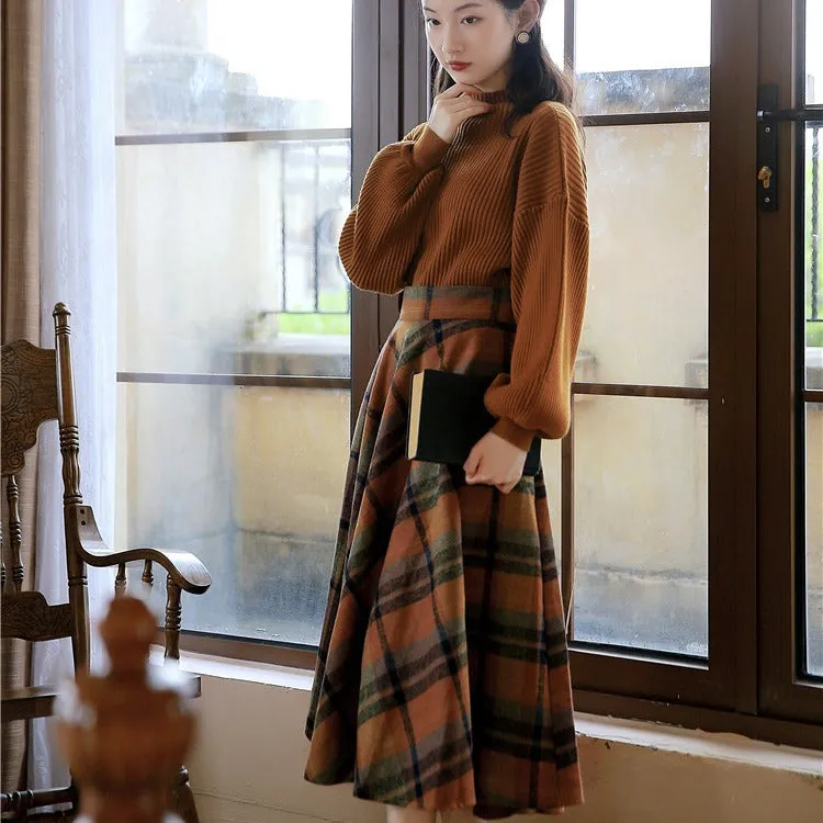 Wjczt skater boy outfits Half Turtleneck Brown Lantern Long Sleeve Sweater   Plaid Woolen Skirt Suit Retro Two-Piece Set