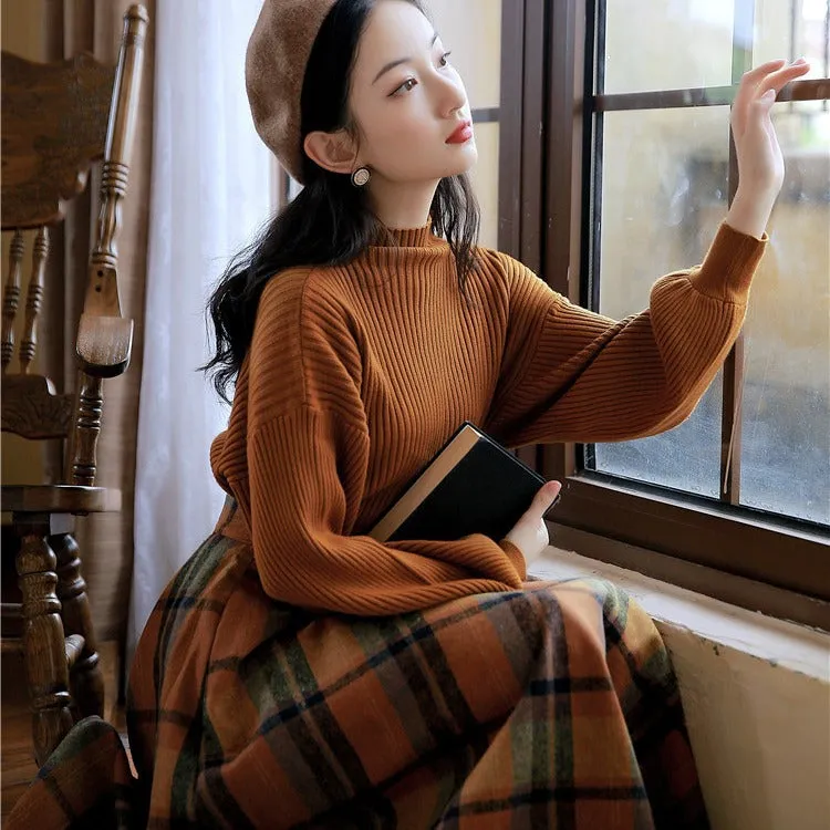 Wjczt skater boy outfits Half Turtleneck Brown Lantern Long Sleeve Sweater   Plaid Woolen Skirt Suit Retro Two-Piece Set