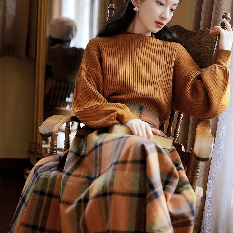 Wjczt skater boy outfits Half Turtleneck Brown Lantern Long Sleeve Sweater   Plaid Woolen Skirt Suit Retro Two-Piece Set