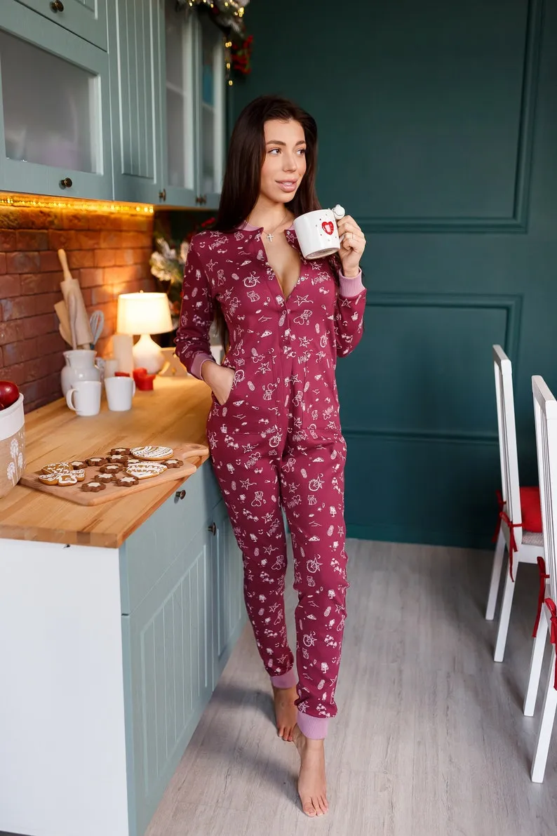 Woman cute cotton butt flap Pajamas jumpsuit SweetJama "Cherry Dream"