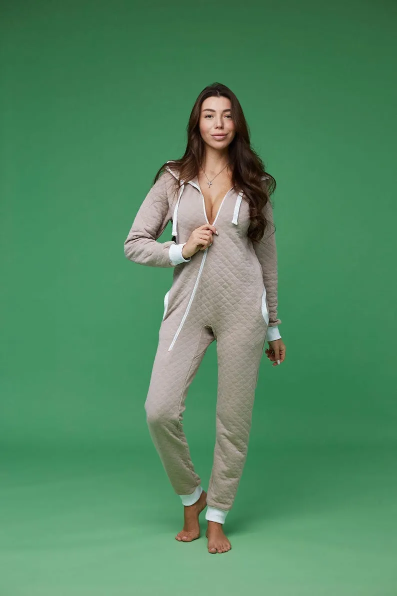 Woman's onesie cotton jumpsuit with a hood pajama's Lounge with zipper