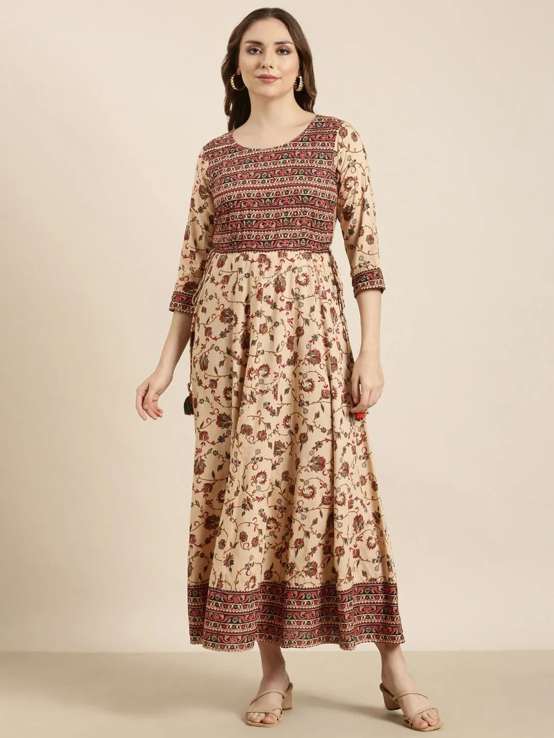 Women Anarkali Beige Floral Kurta