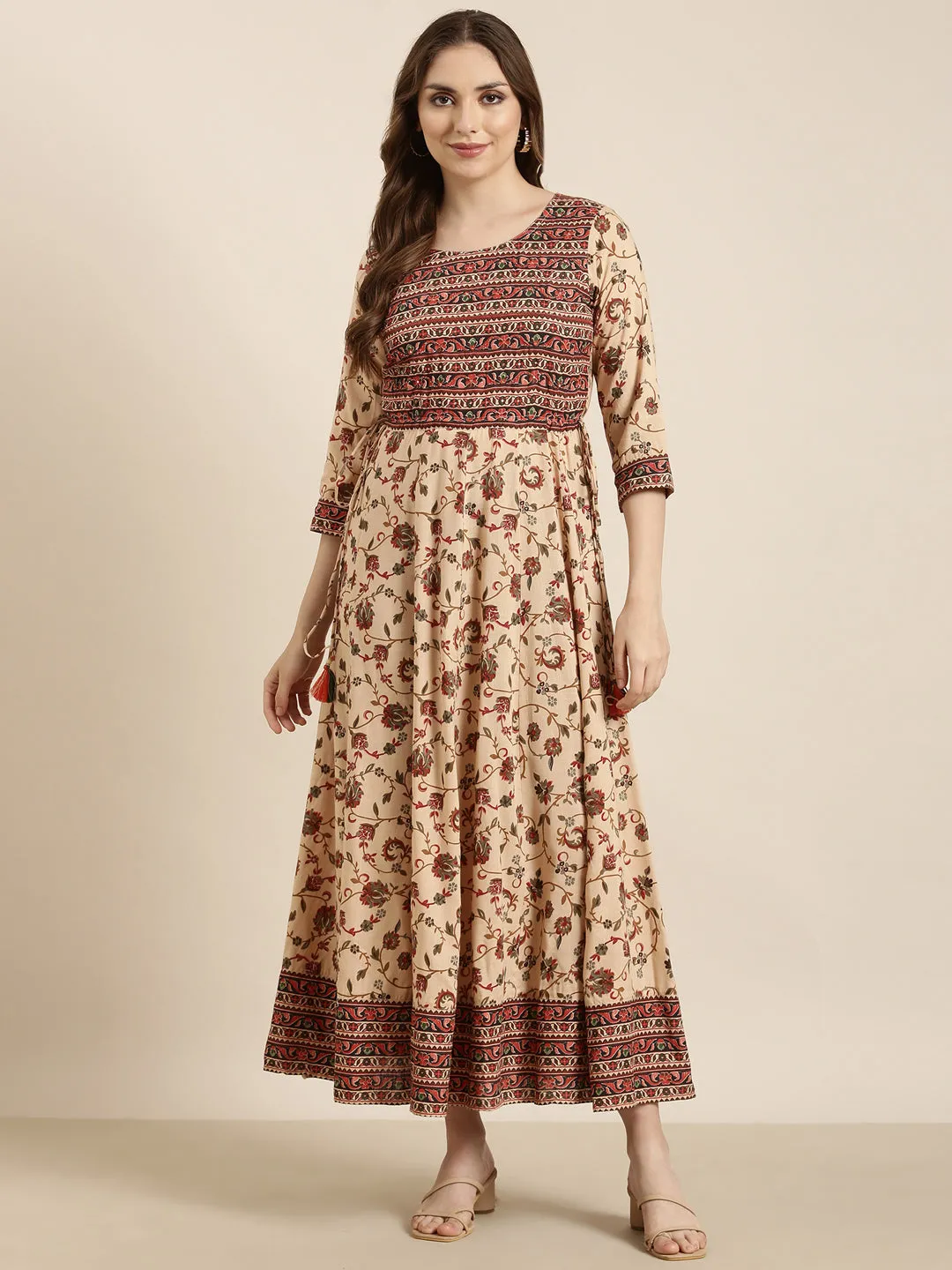 Women Anarkali Beige Floral Kurta