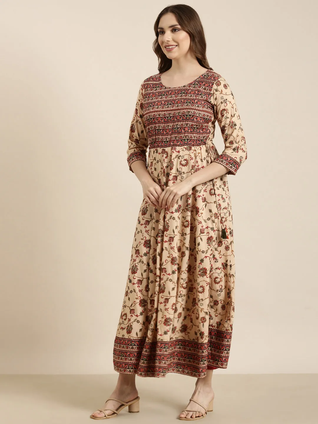 Women Anarkali Beige Floral Kurta