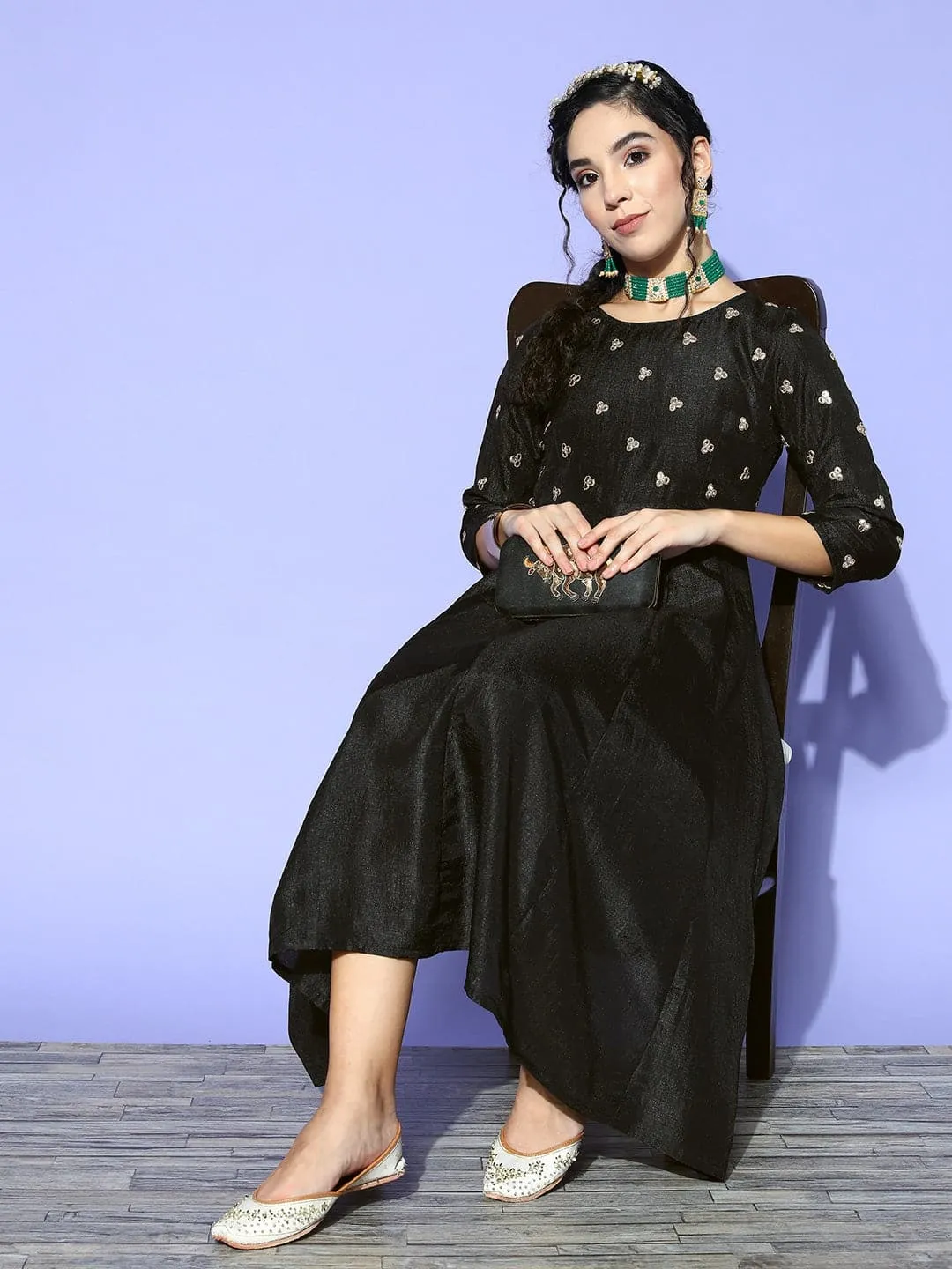 Women Black Mirror Embroidered Anarkali Dress