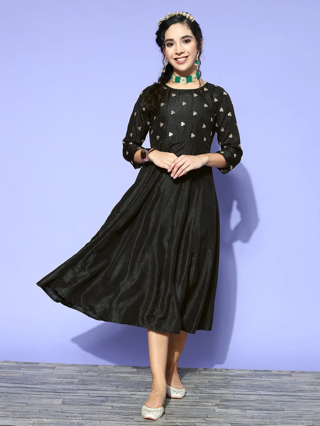 Women Black Mirror Embroidered Anarkali Dress