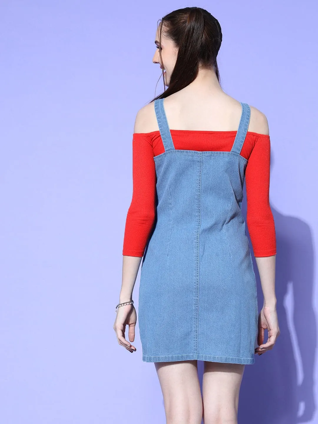 Women Blue & Navy Colorblock Denim Pinafore