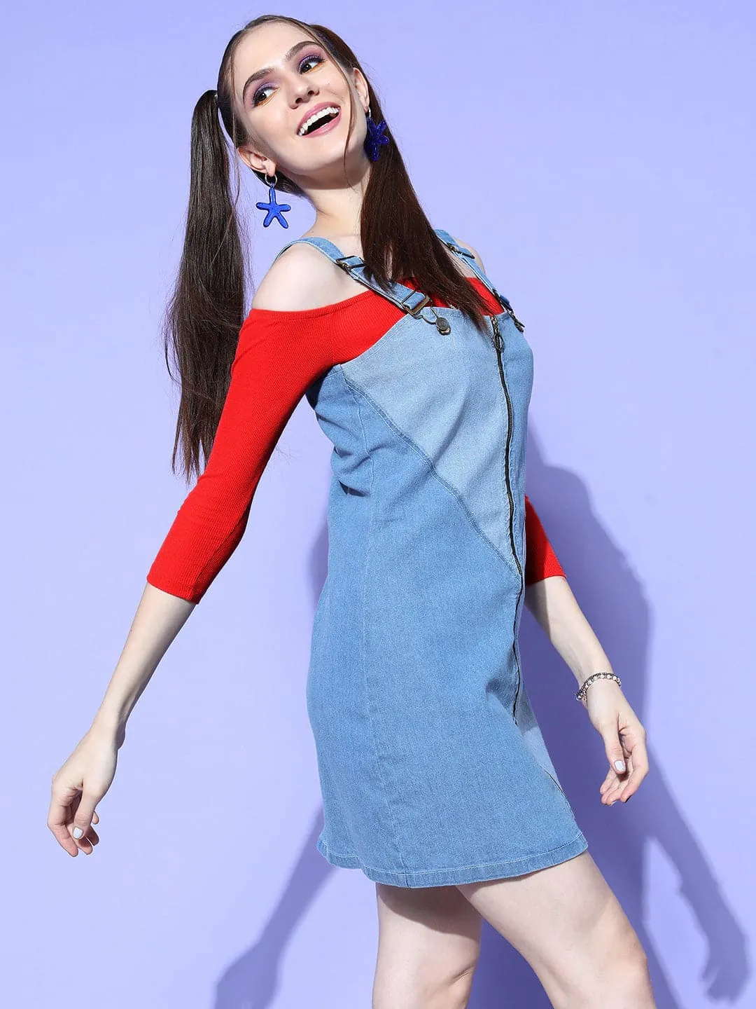 Women Blue & Navy Colorblock Denim Pinafore