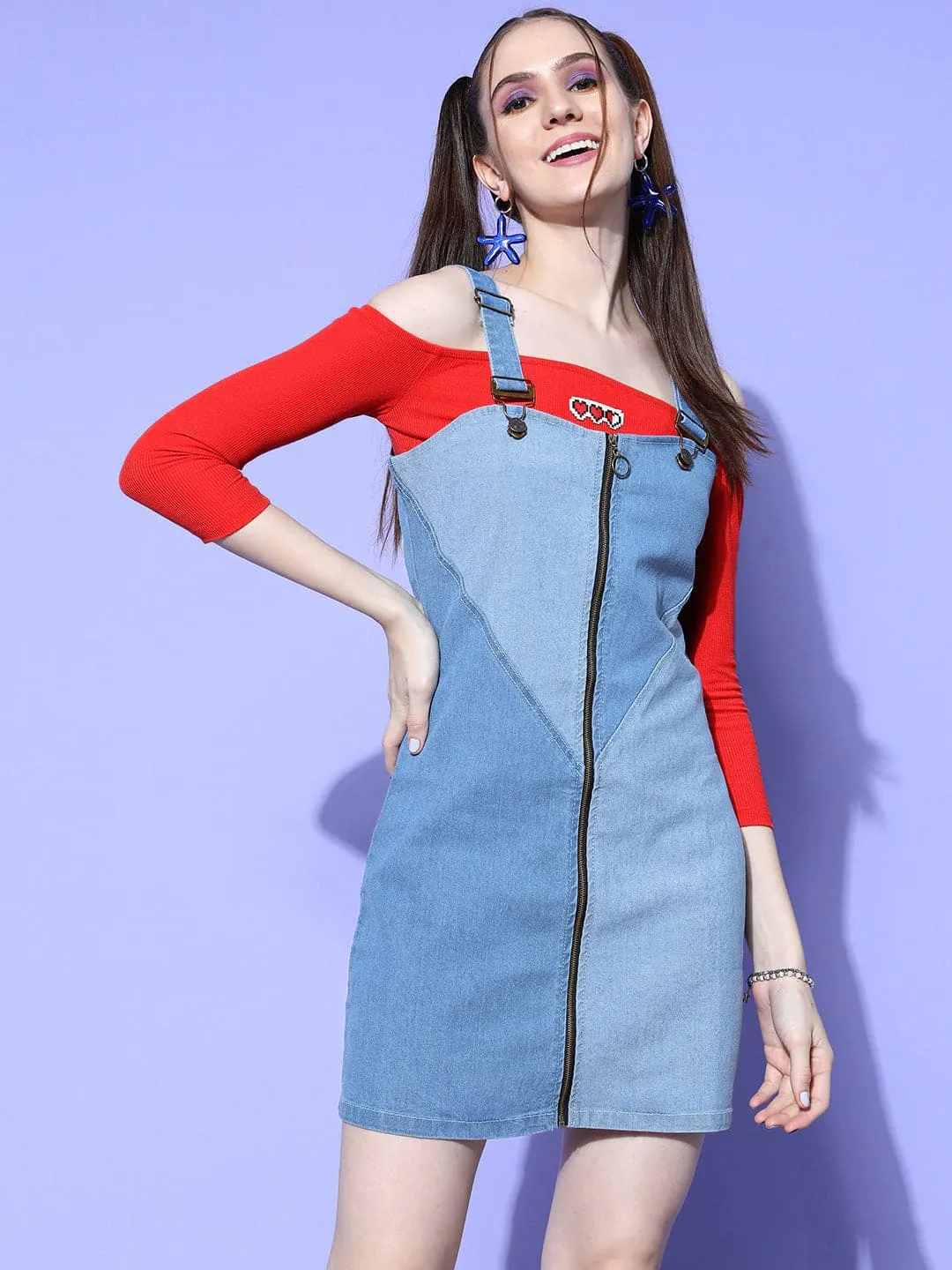 Women Blue & Navy Colorblock Denim Pinafore