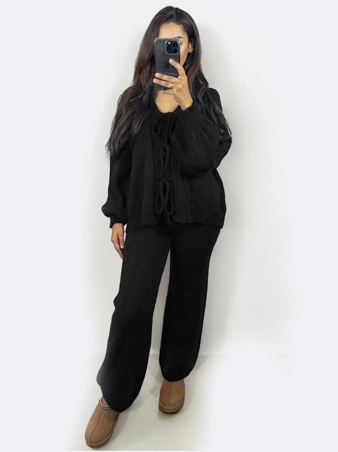 Women Knit Front Tie Balloon Sleeve Cardigan & Stretch Trousers Co-ord Set