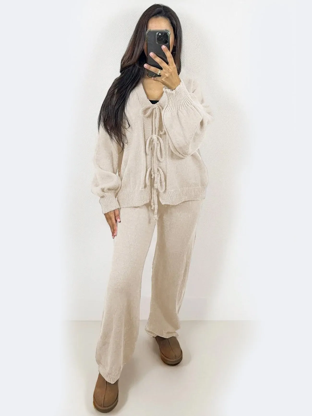 Women Knit Front Tie Balloon Sleeve Cardigan & Stretch Trousers Co-ord Set