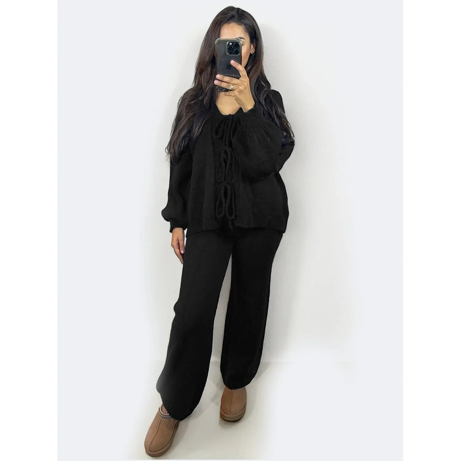 Women Knit Front Tie Balloon Sleeve Cardigan & Stretch Trousers Co-ord Set