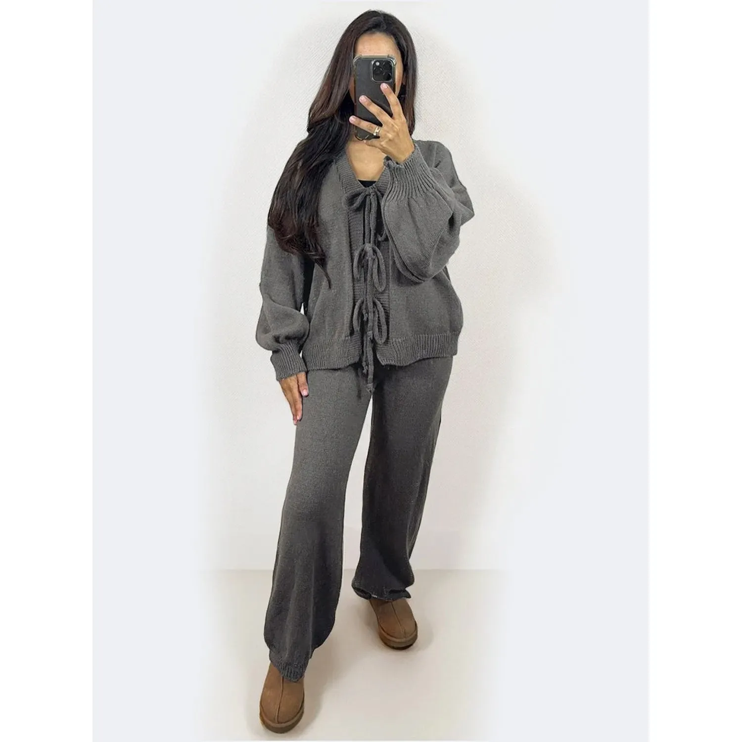 Women Knit Front Tie Balloon Sleeve Cardigan & Stretch Trousers Co-ord Set